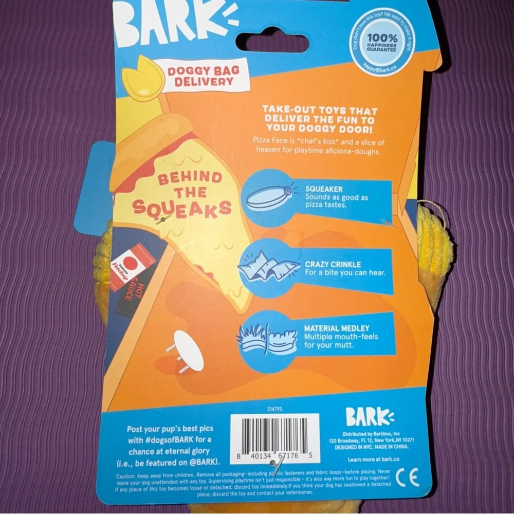 BARK Signore Pizza Face Plush Dog Toy, crinkle and squeak, multiple textures NEW